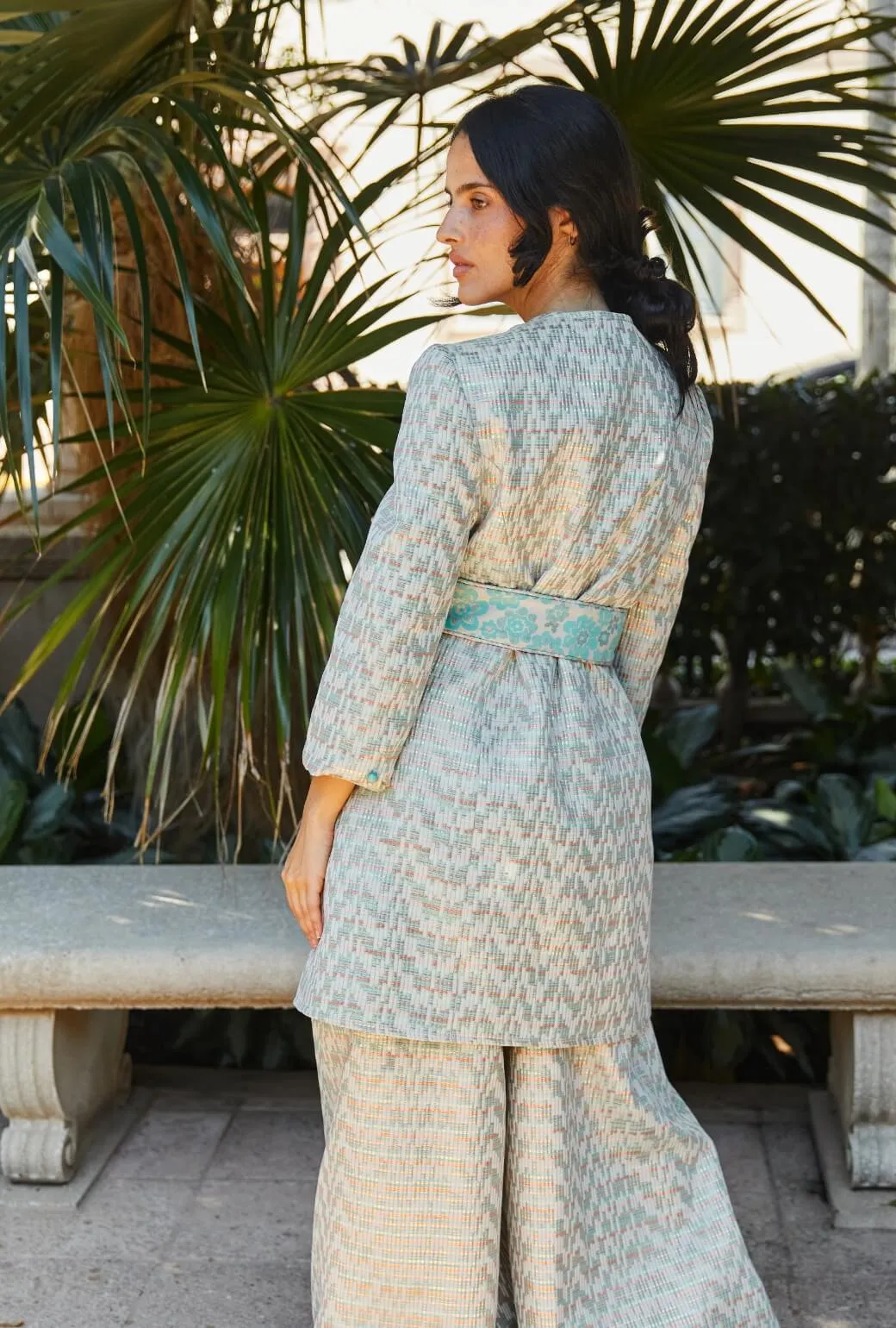 Simple Layers Reinforced Shoulders Walking Coat - Aqua Channels Brocade