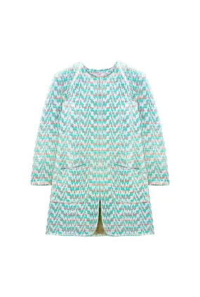 DoubleLayeredHem Long Sleeves Walking Coat - Aqua Channels Brocade
