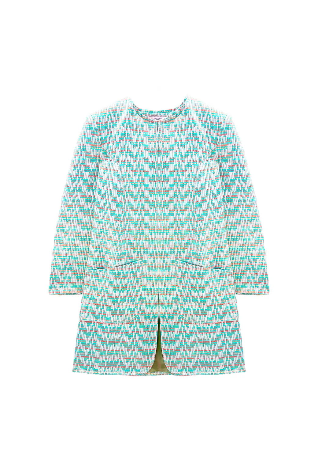 DoubleLayeredHem Long Sleeves Walking Coat - Aqua Channels Brocade