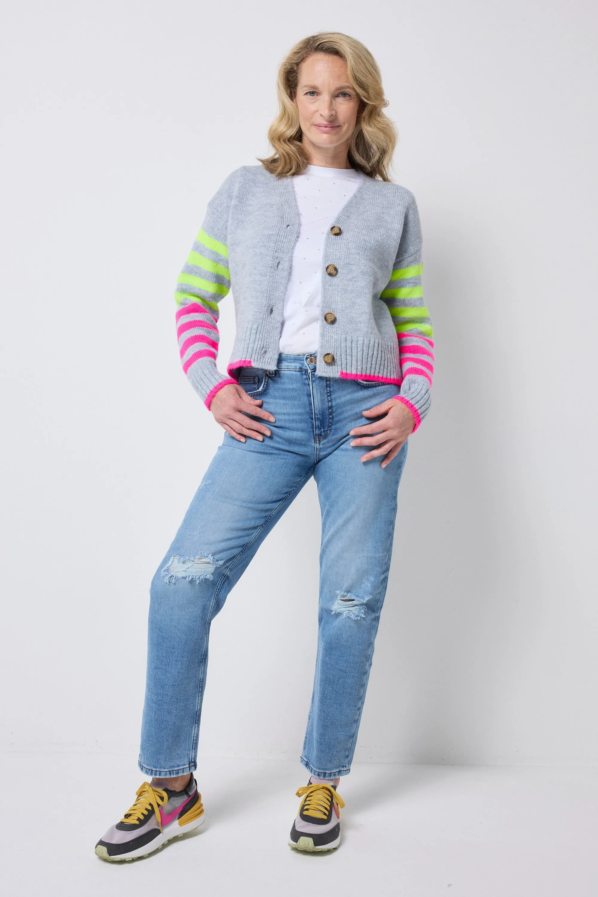 Grey with Neon Yellow and Neon Pink Stripe Cardigan Elastic hem WrinkleResistant Knit Structure