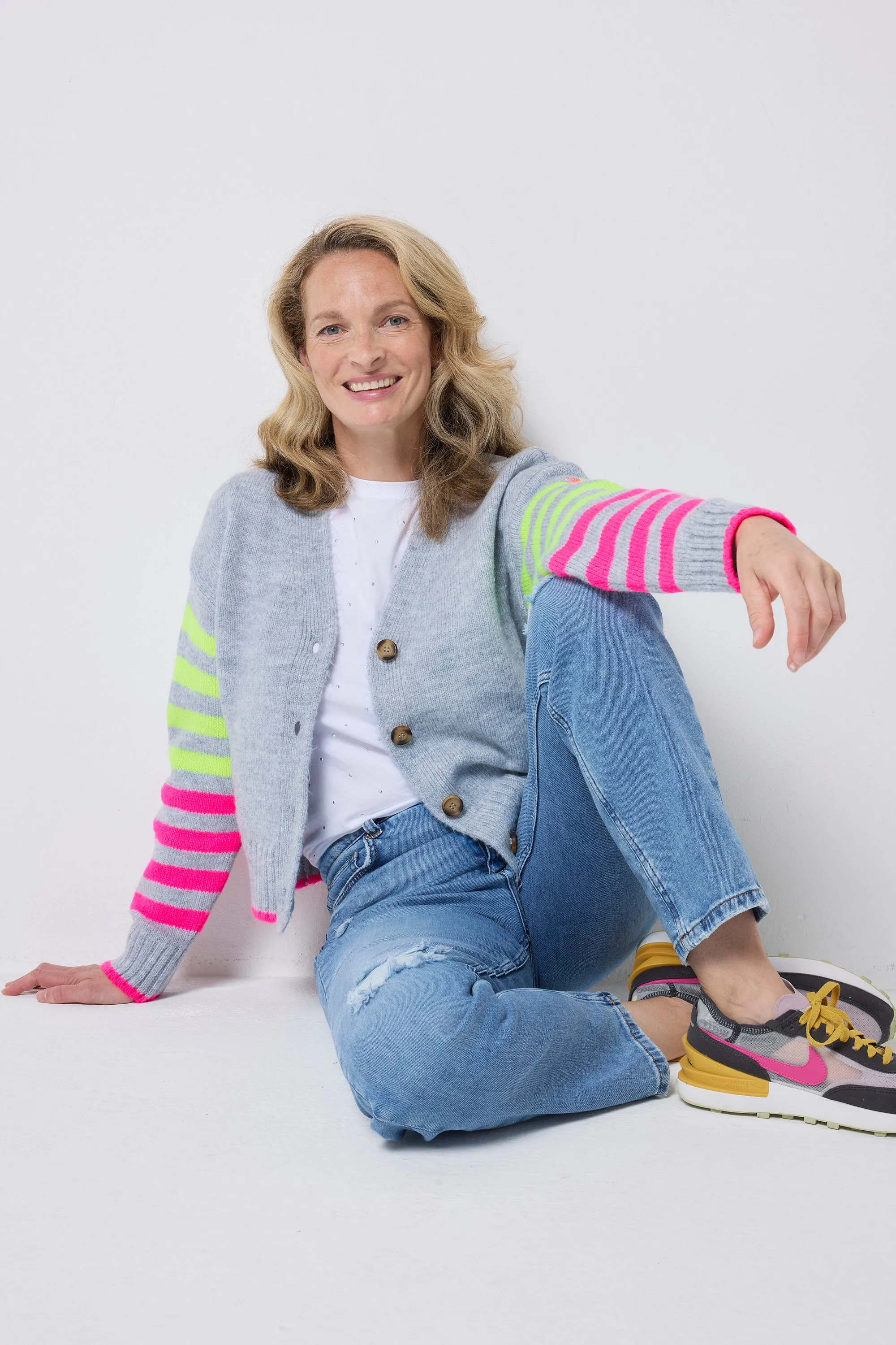 Winter Travel StretchRecovery Yarn Grey with Neon Yellow and Neon Pink Stripe Cardigan
