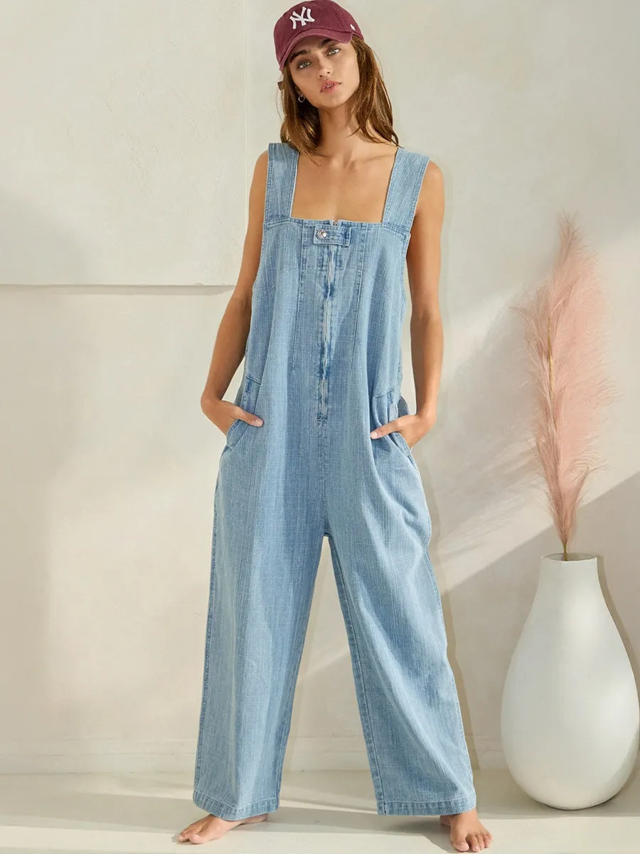 ZIP-FRONT WIDE-LEG DENIM OVERALL JUMPSUIT Multi Pocket Configuration