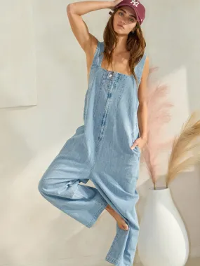 ZIP-FRONT WIDE-LEG DENIM OVERALL JUMPSUIT Comfort Layer elastic waistband